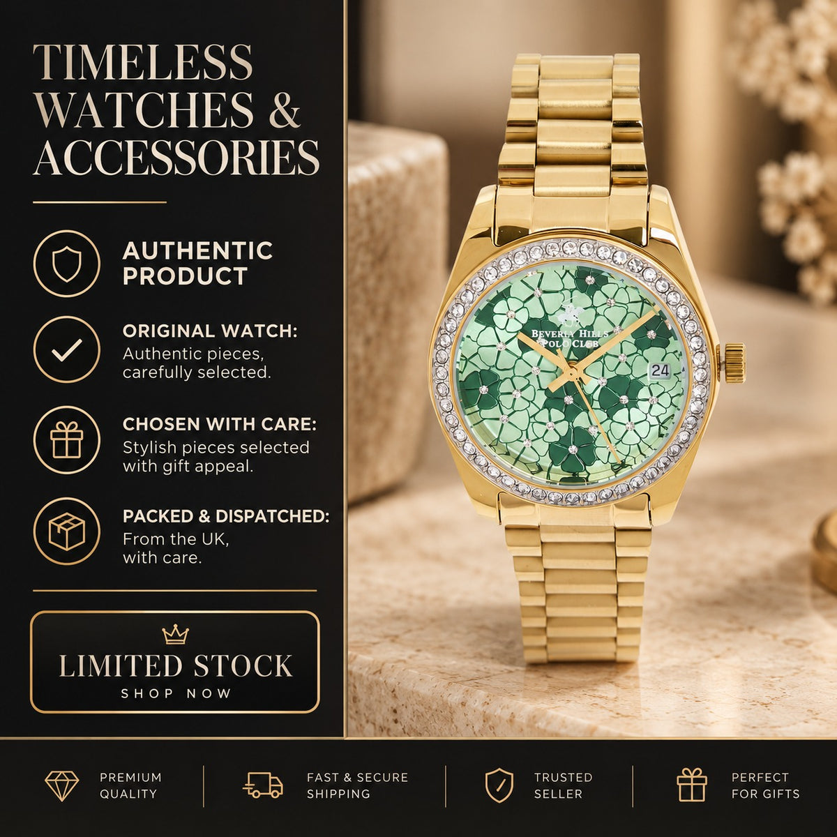 Beverly Hills Polo Club Gold Tone Watch, Green Floral Dial, Womens Gift