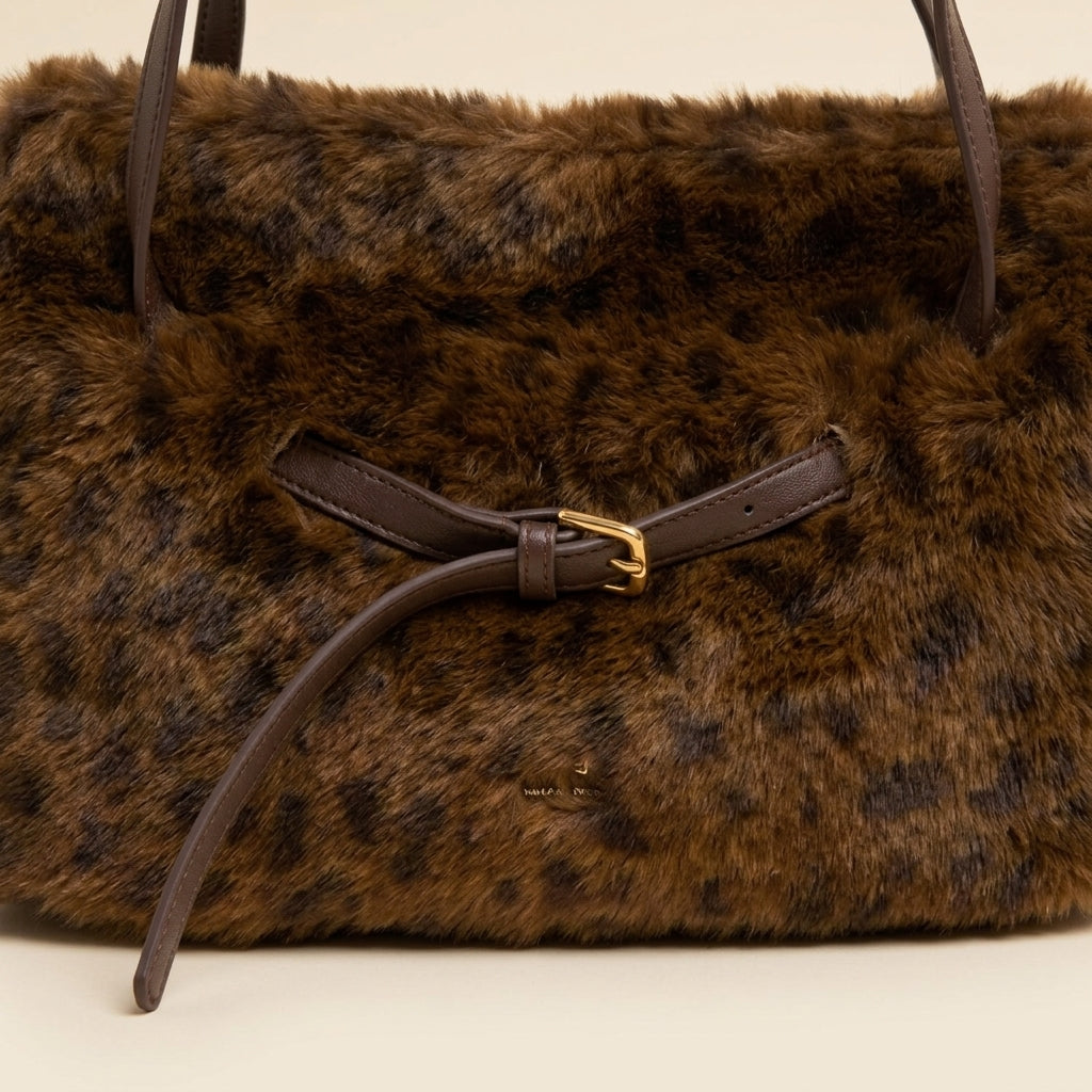 Bessie London Brown Faux Fur Shoulder Bag, Animal Print, Leopard, Everyday Bag