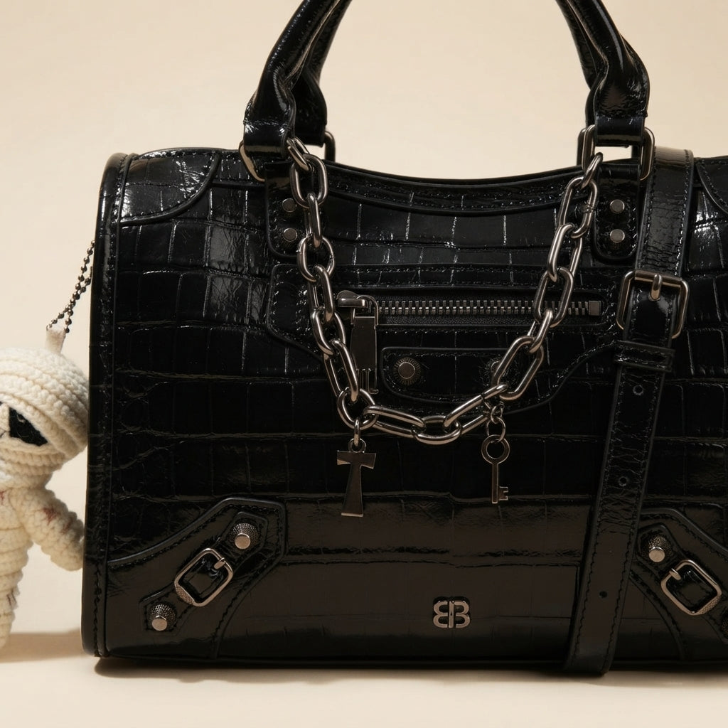 Bessie London Black Satchel Bag, Glossy Patent Finish, Chain Trim, Halloween