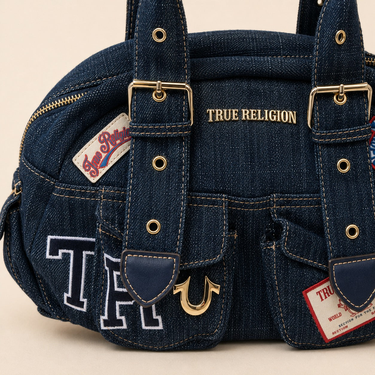 True Religion Blue Denim Shoulder Bag, Multi Patch Design, Everyday Denim Purse
