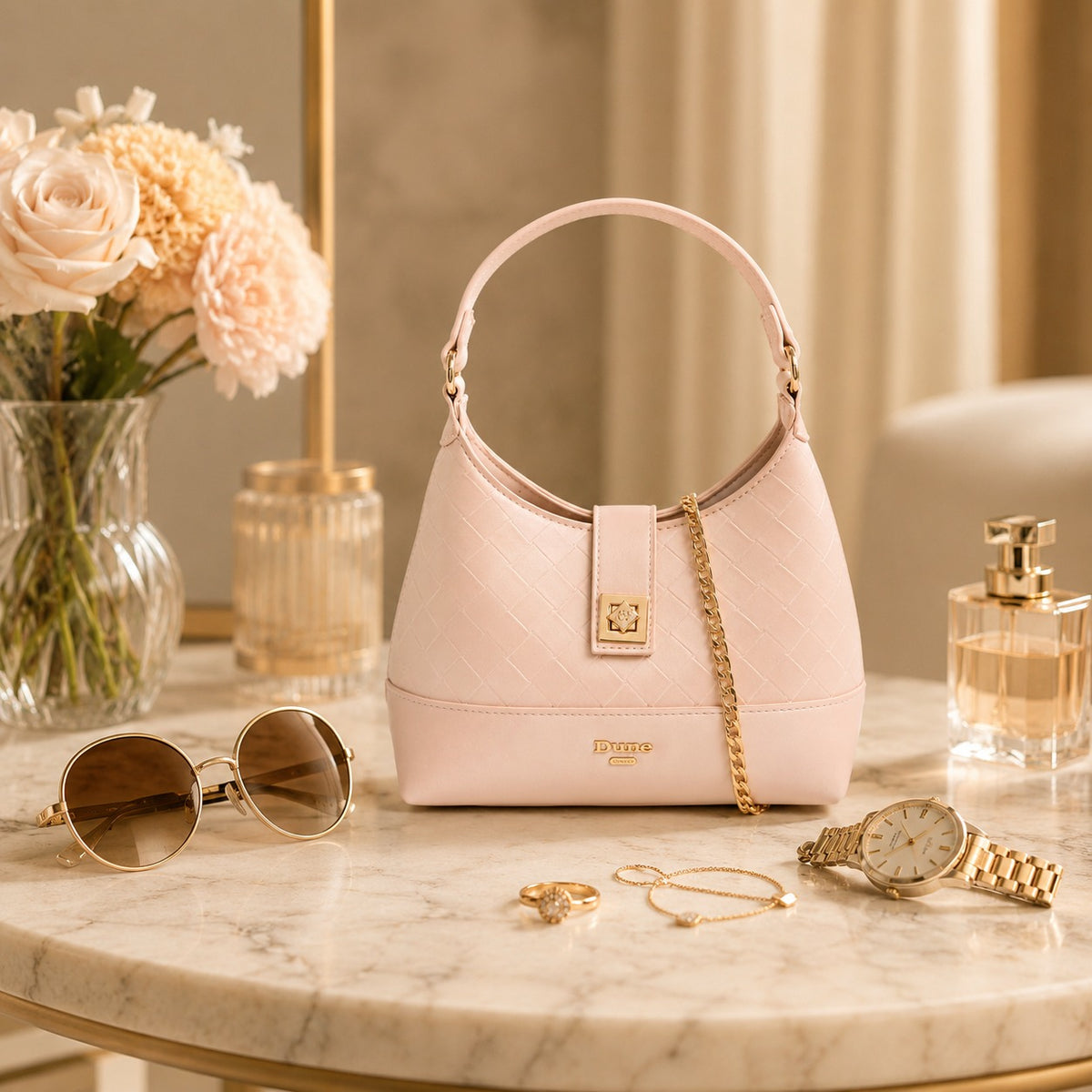 Dune London Pink Shoulder Bag, Diddydoey Woven Top Handle Bag, Gold Chain