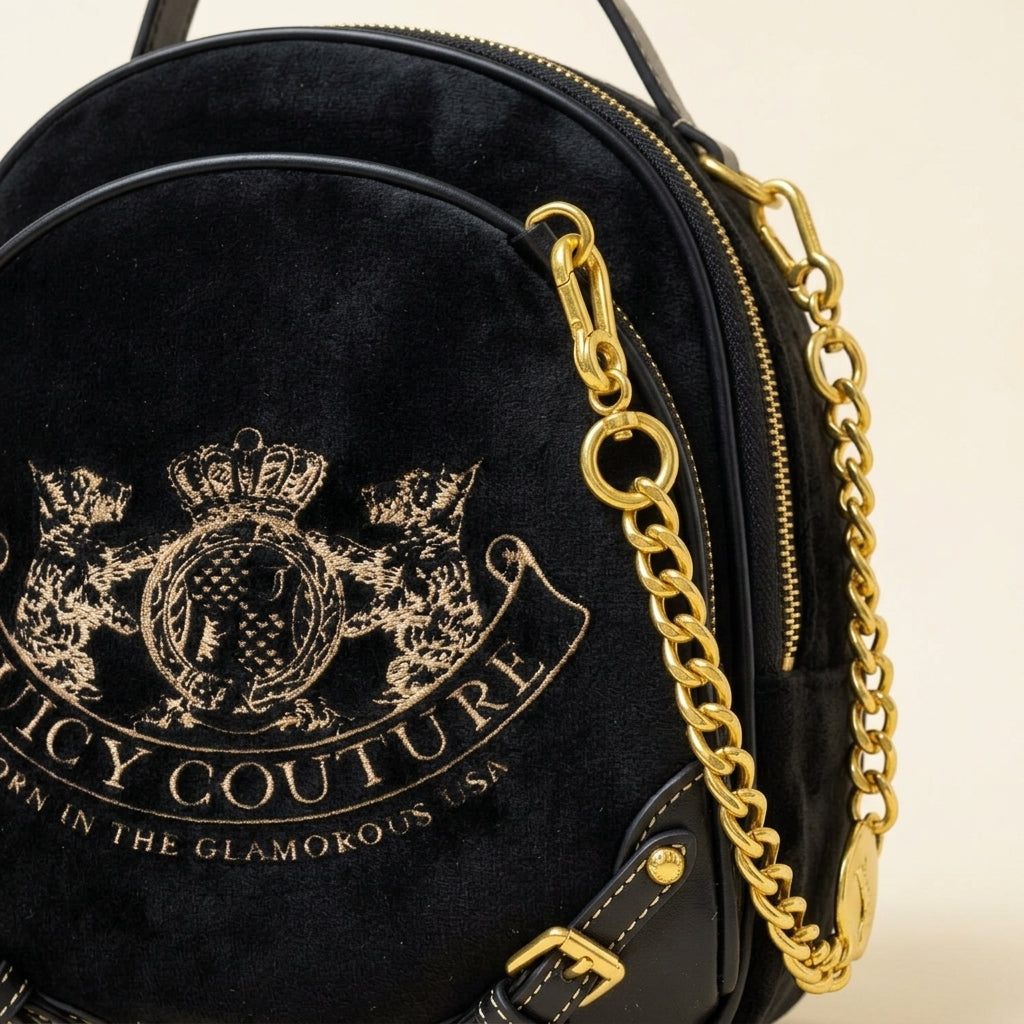Juicy Couture Black Velour Backpack, Gold Chain Detail, Everyday School Bag