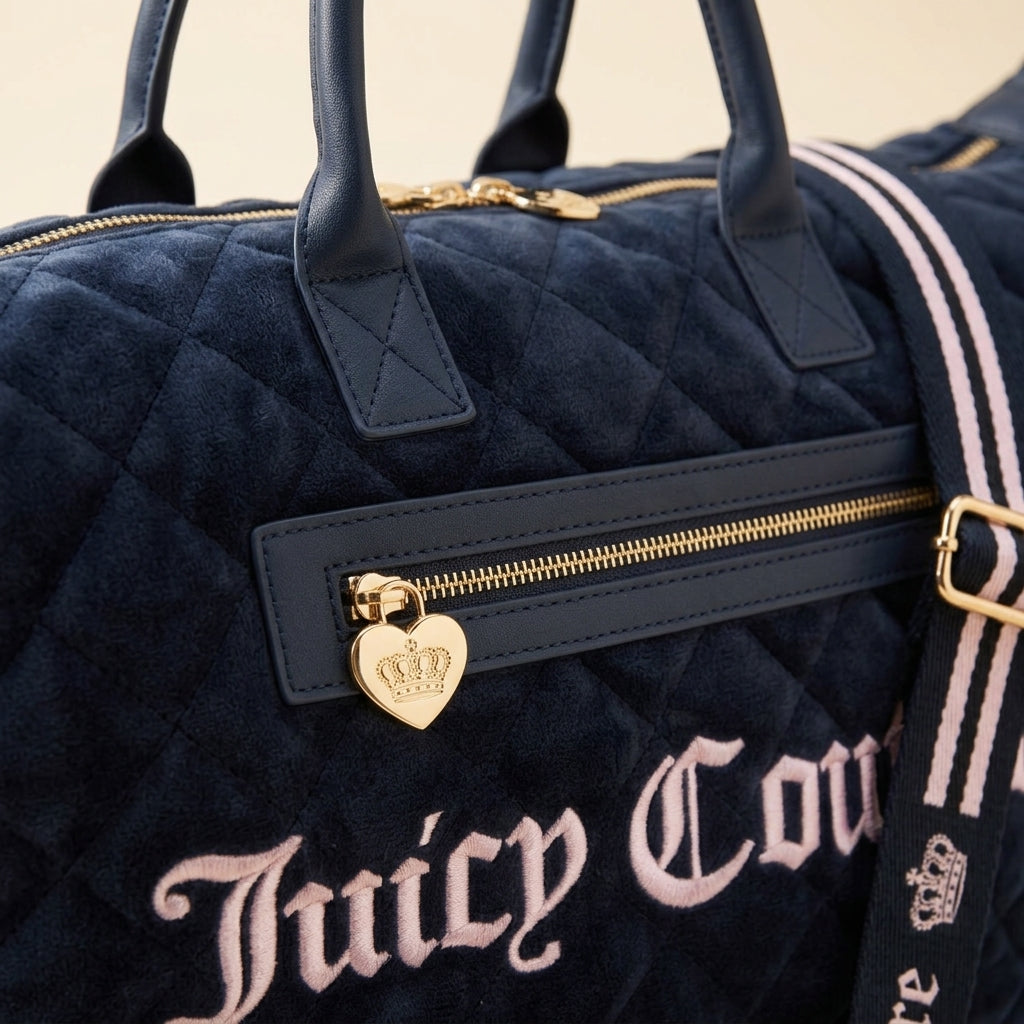 Juicy Couture Navy Quilted Tote Bag, Velour Weekender, Travel Duffel