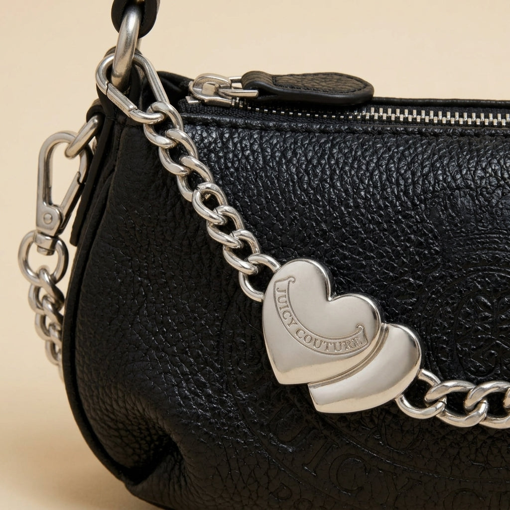 Juicy Couture Black Baguette Bag, Silver Heart Charm, Shoulder Handbag