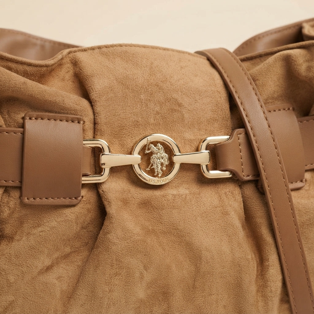 US Polo Assn Tan Suede Bag, Shoulder Handbag, Gold Hardware, Everyday Gift