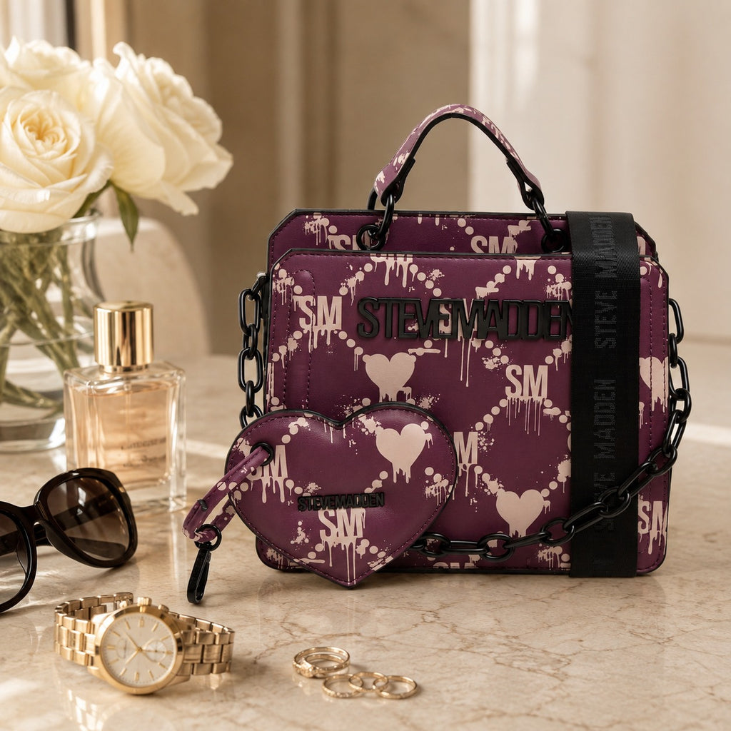 Steve Madden Purple Crossbody Bag, Dripping Heart Logo, Top Handle, Cute Gift
