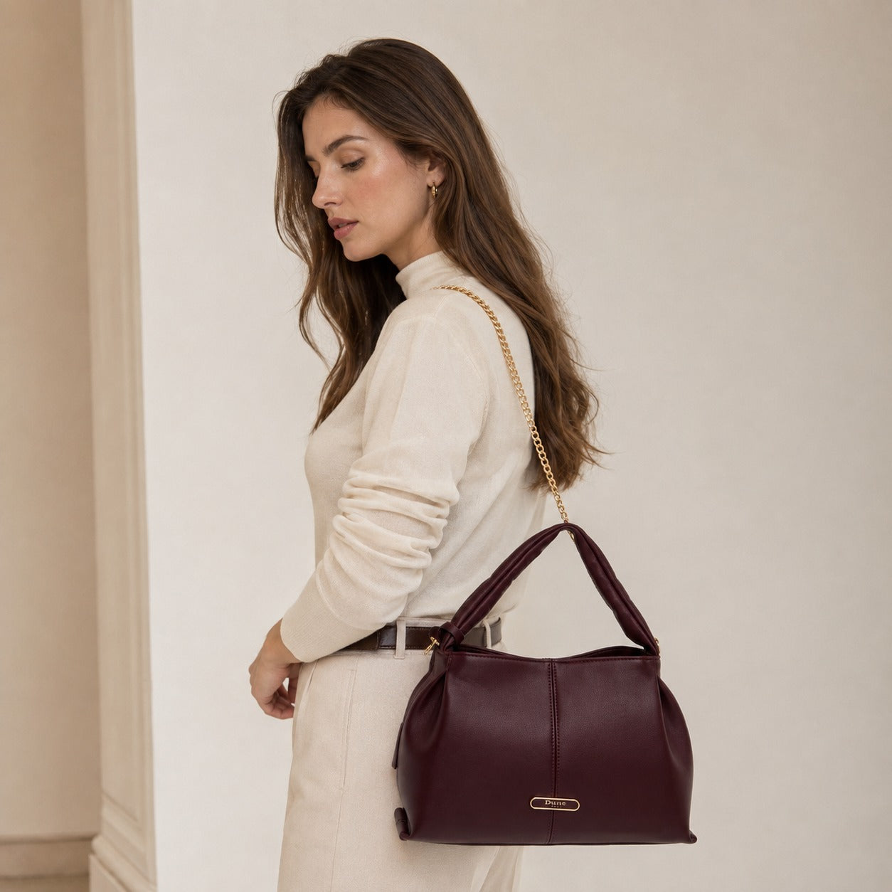 Dune London Burgundy Shoulder Bag, Dawes Style, Gold Hardware, Everyday Gift