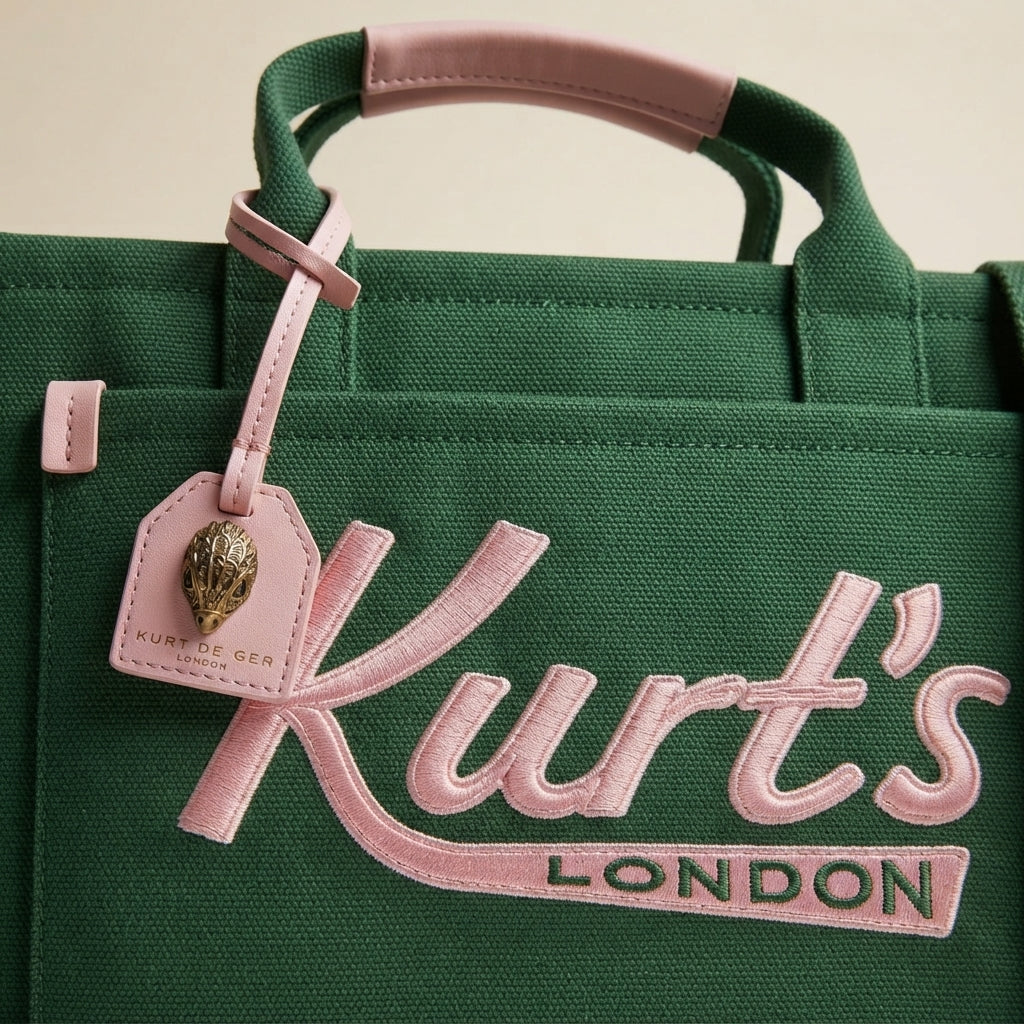 Kurt Geiger Green Tote Bag, Pink Logo, Canvas Handbag