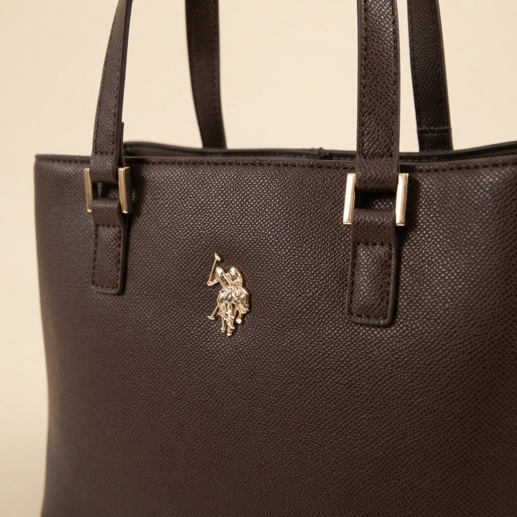 US Polo Assn Dark Brown Jones Tote Bag, Structured Everyday Work Handbag