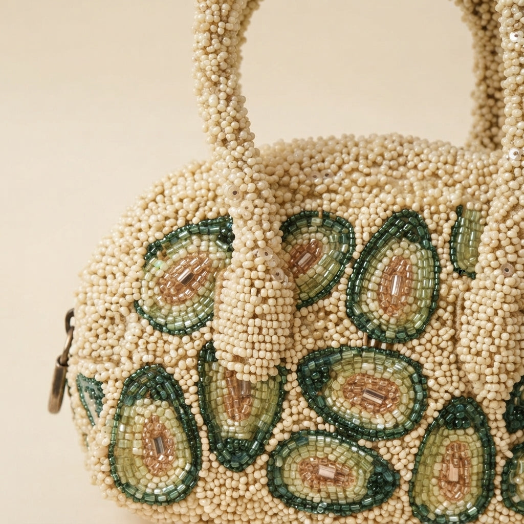 Mirasol Beige Beaded Bag, Avocado Motif Handbag, Cute Novelty Purse Gift