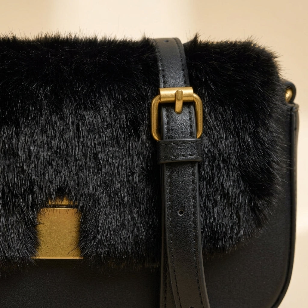Bessie London Black Faux Fur Crossbody Bag, Flap Bag, Gold Hardware, Chic
