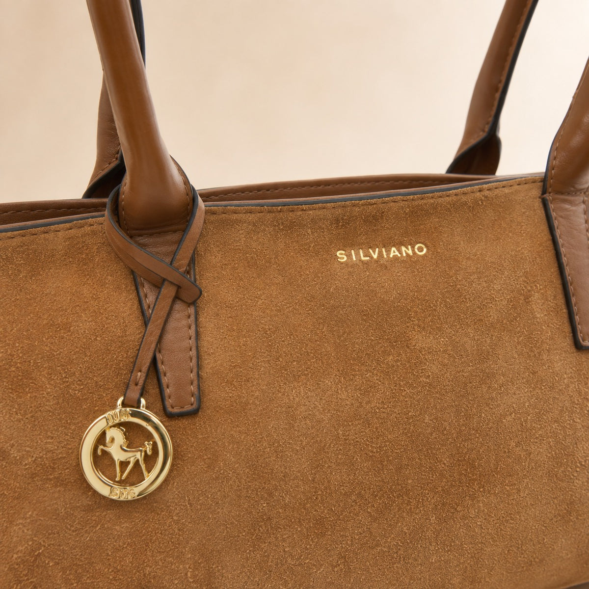 Silviano Brown Suede Shoulder Bag, Top Zip, Gold Charm, Equestrian Handbag