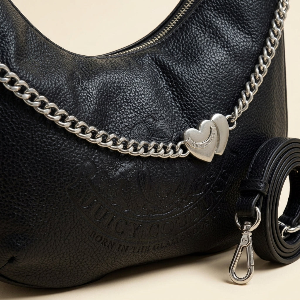 Juicy Couture Black Hobo Bag, Pebbled Leather Look, Silver Heart Charm