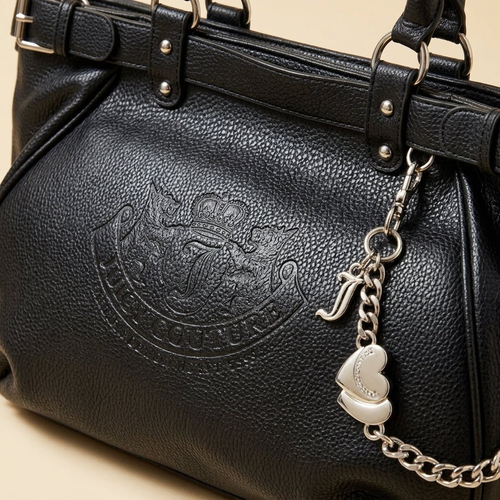 Juicy Couture Black Tote Bag, Satchel, Pebbled Texture, Silver Hardware