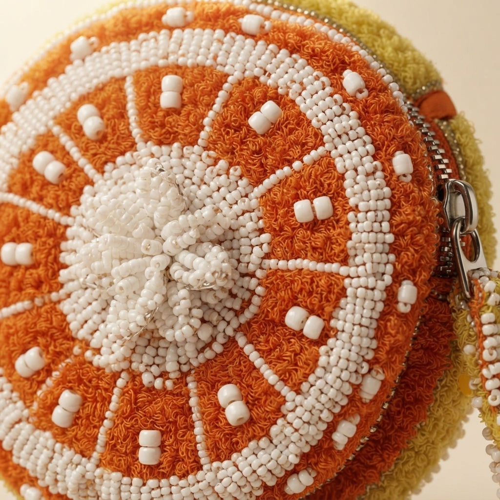 Mirasol Orange Beaded Bag, Fruit Design Wristlet, Novelty Summer Handbag