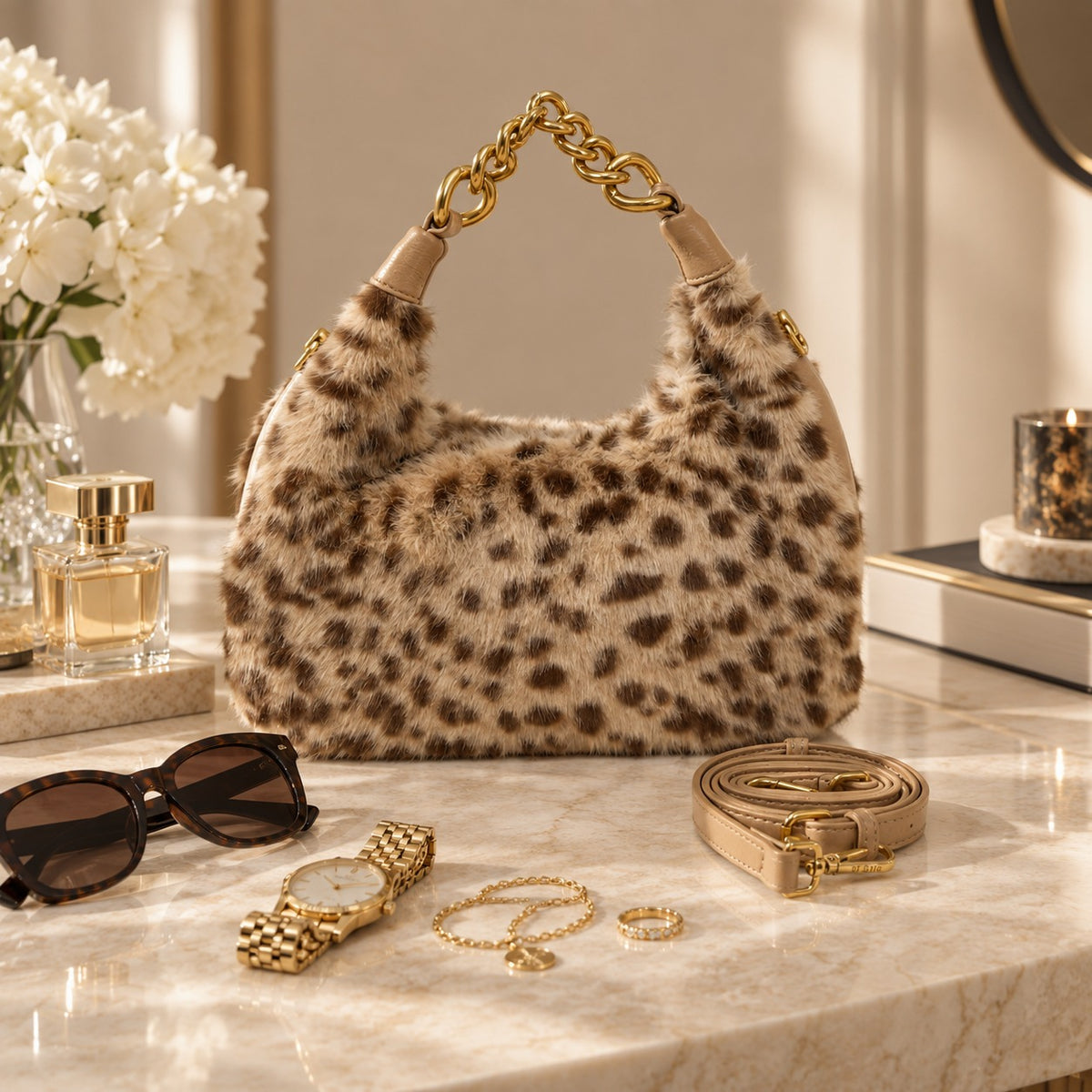 Bessie London Leopard Faux Fur Bag, Tan Brown Shoulder Bag, Chic Winter Purse