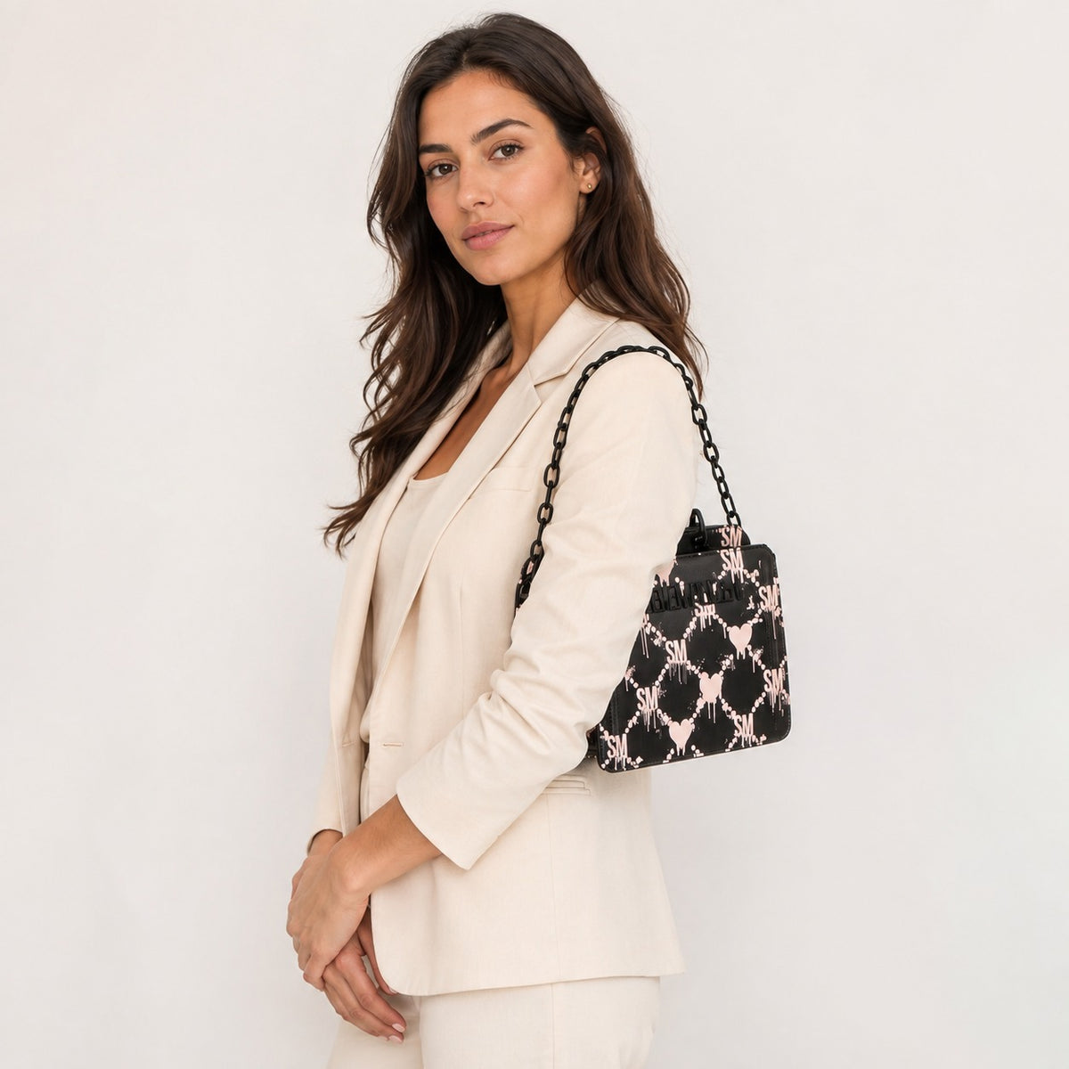 Steve Madden Black Crossbody Bag, Dripping Hearts, Top Handle, Chain Strap
