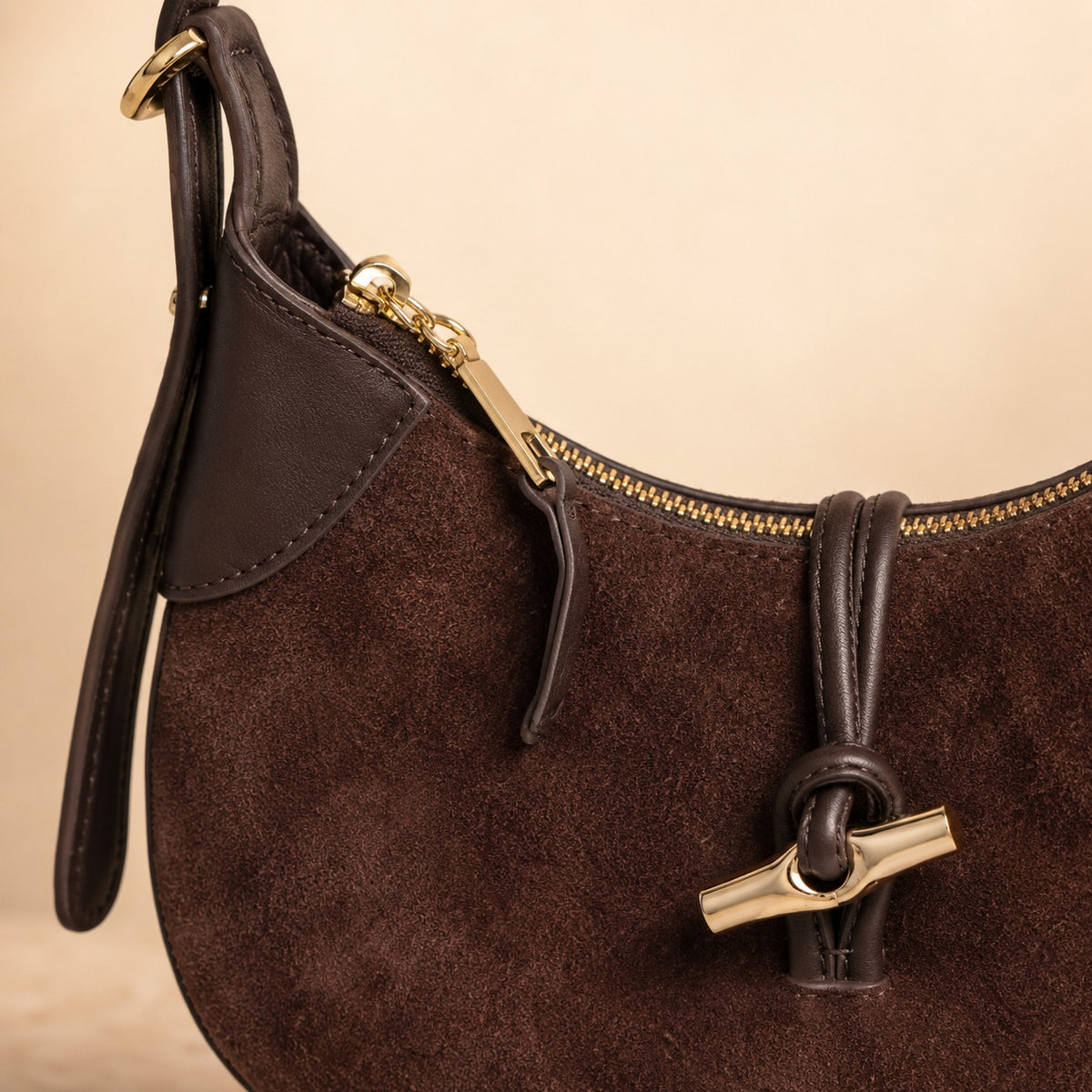Silver Street London Brown Hobo Bag, Suede Shoulder Bag, Gold Hardware