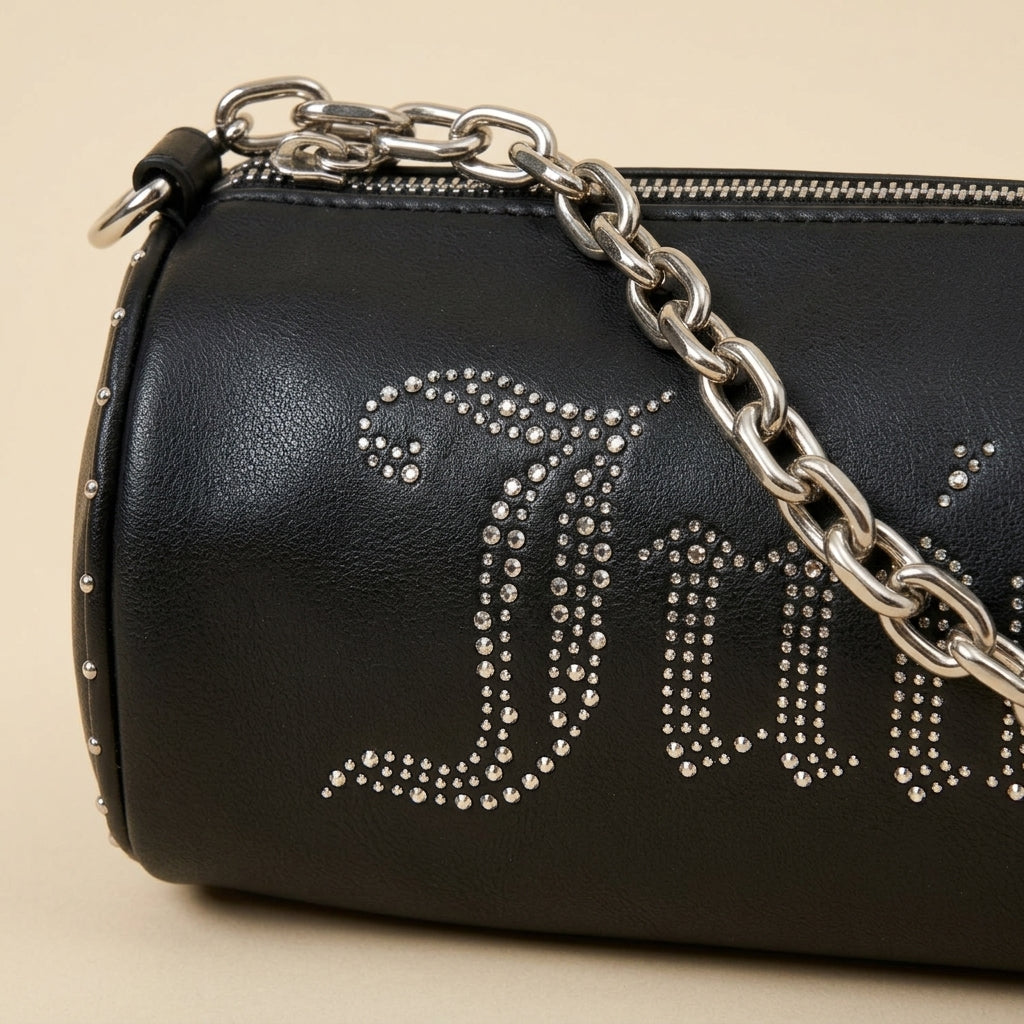 Juicy Couture Black Barrel Bag, Studded Logo, Chain Strap, Shoulder Handbag