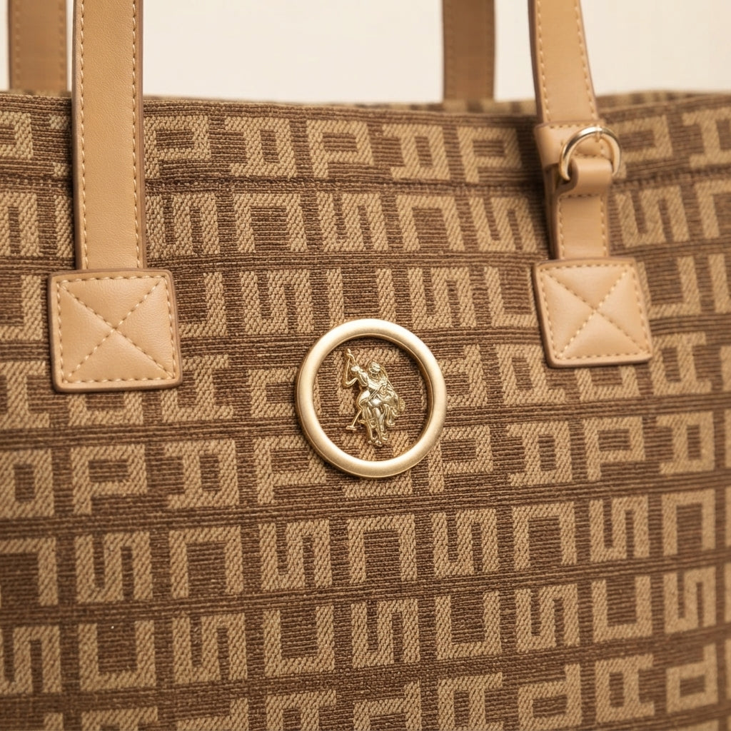 US Polo Assn Brown Jacquard Shopping Bag, Geometric Monogram Tote