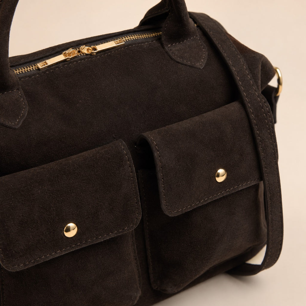 Marlon Brown Suede Satchel Bag, Two Pocket Crossbody, Gold Hardware