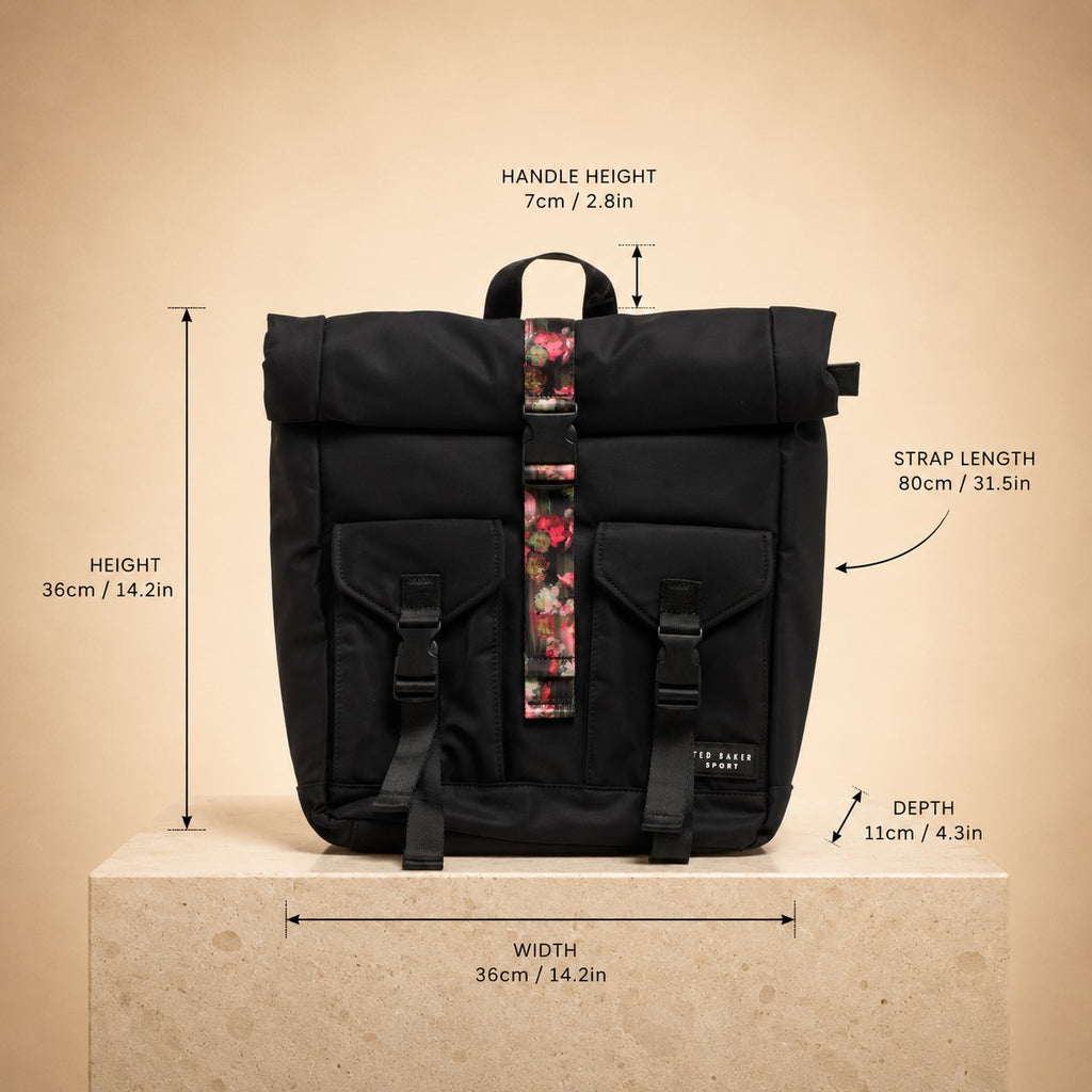 Ted Baker Sport Black Letica Backpack, Roll Top Floral Lining Bag