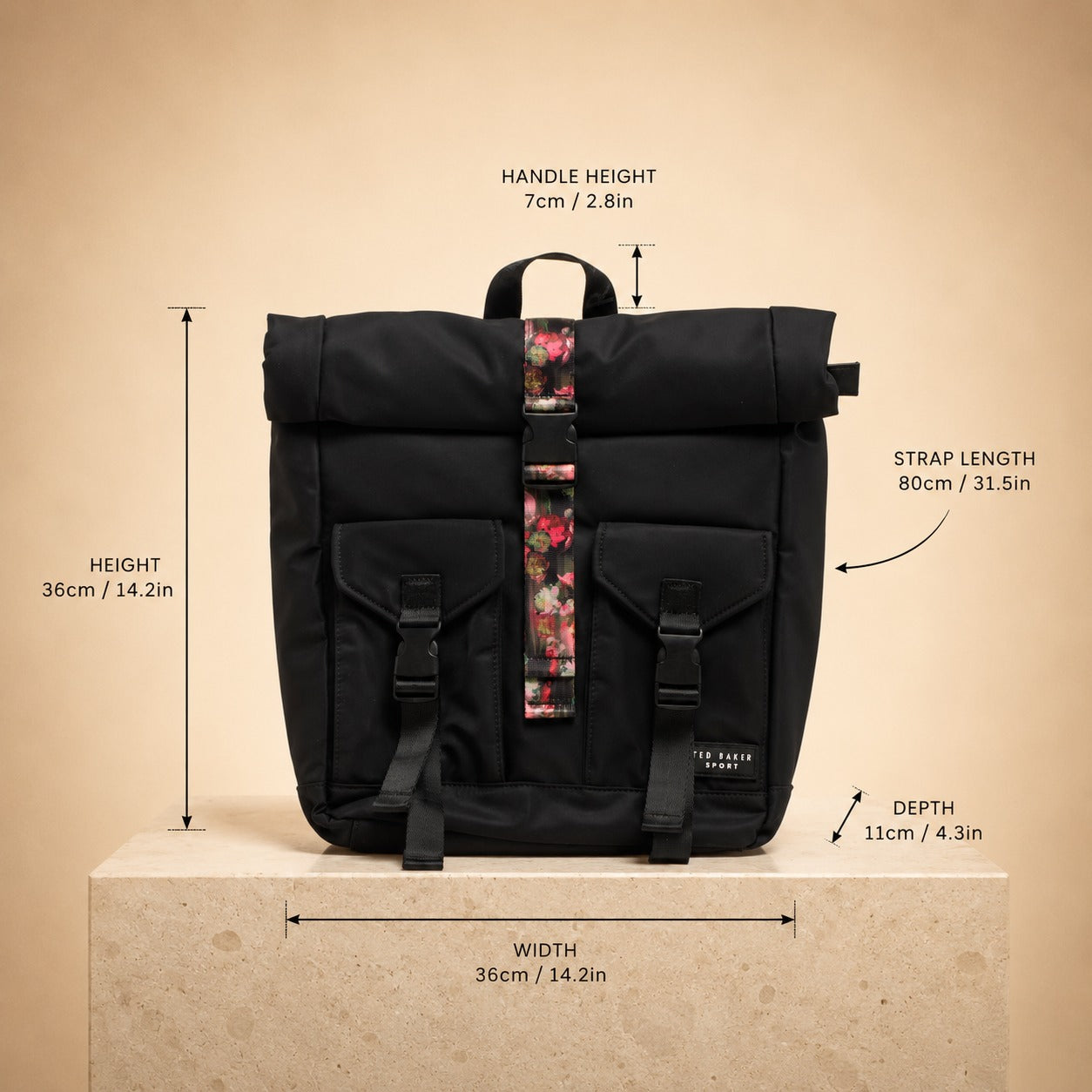 Ted Baker Sport Black Letica Backpack, Roll Top Floral Lining Bag
