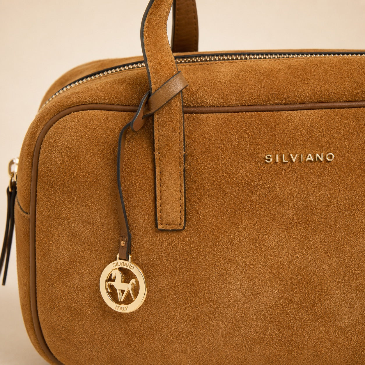 Silviano Tan Brown Suede Shoulder Bag, Gold Hardware, Everyday Tote, Gift for Her