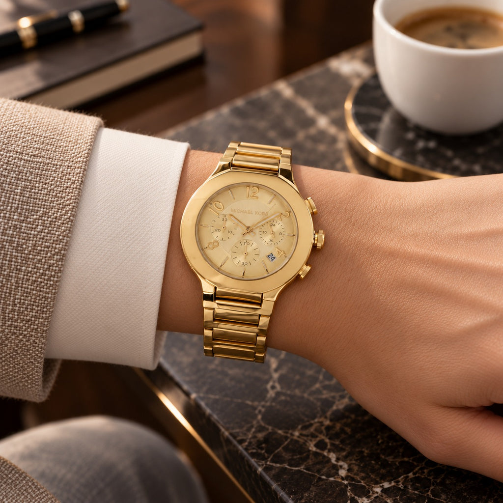 Michael Kors Gold Chronograph Watch, Luxury Womens Gift, Polished Link Bracelet