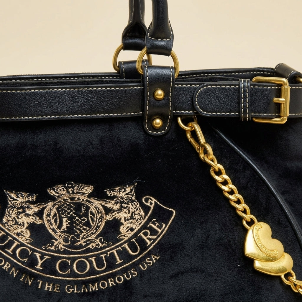 Juicy Couture Black Velour Shoulder Bag, Gold Heart Charm, Designer Handbag