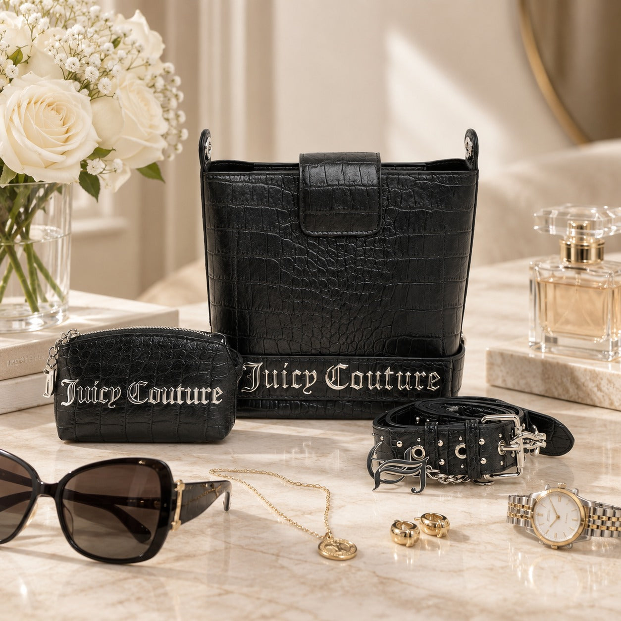 Juicy Couture Black Jasmine Bucket Bag, Pouch, Everyday Shoulder Bag Gift