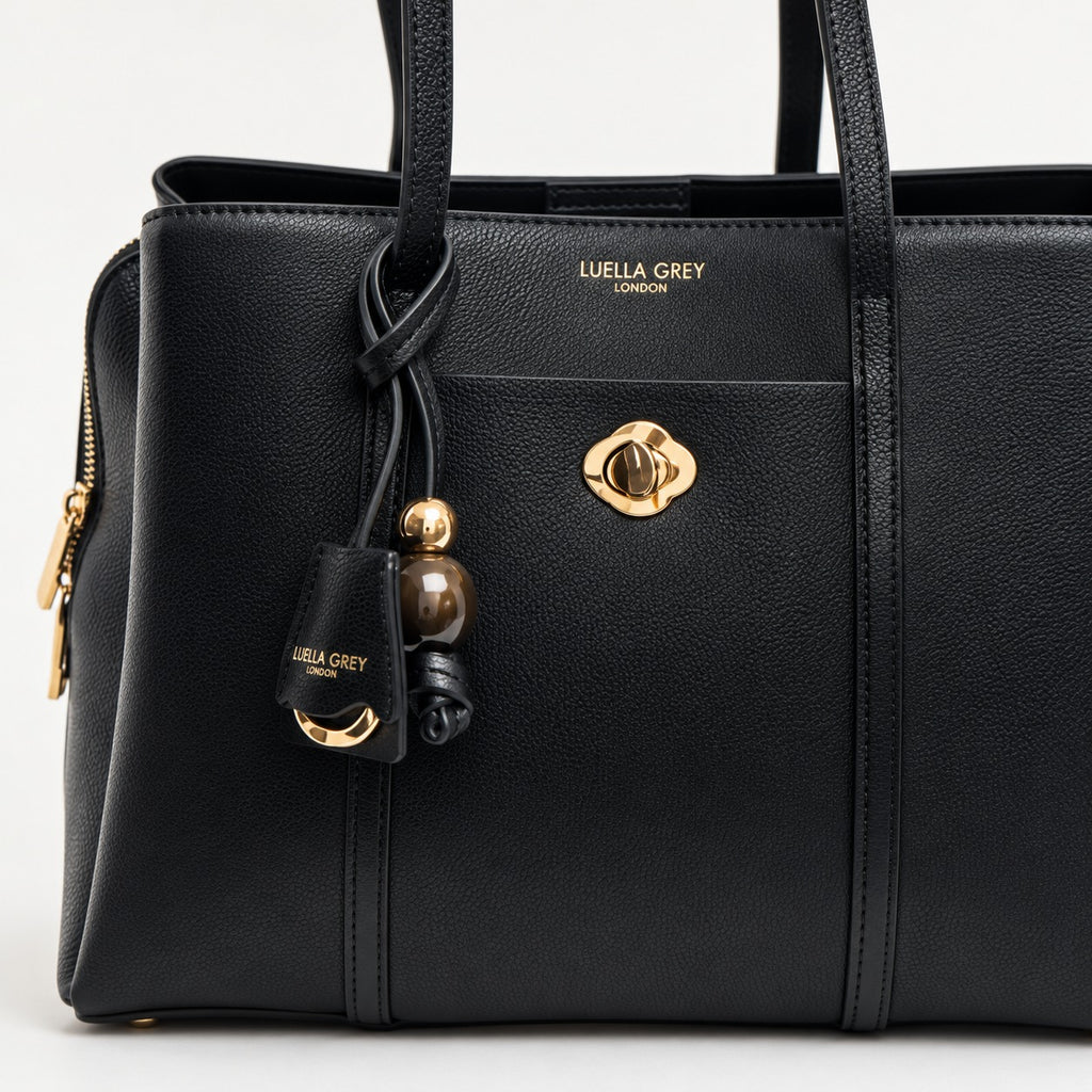 Luella Grey Black Tote Bag, Pebbled Grain, Gold Hardware