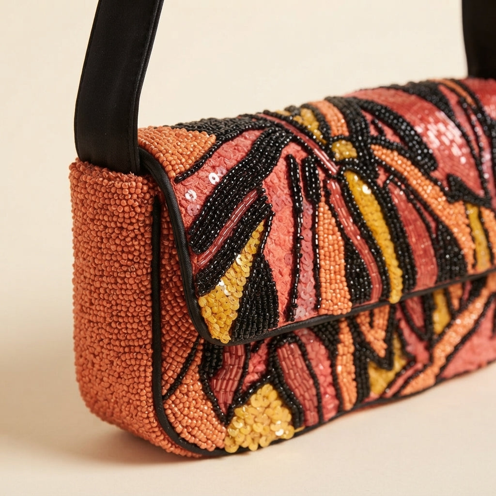 Mirasol Orange Beaded Shoulder Bag, Tropical Sunset Baguette, Evening Purse