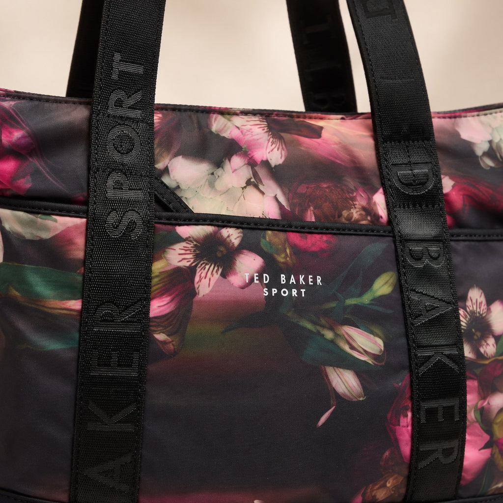 Ted Baker Sport Floral Tote Bag, Black Pink Flower Print, Large Shoulder Bag