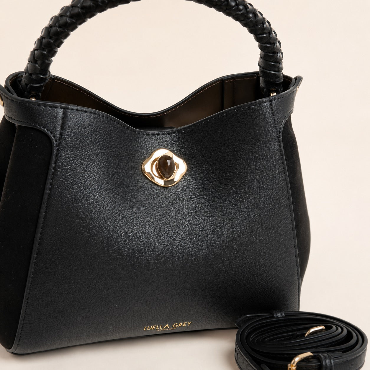 Luella Grey Black Bucket Bag, Gold Hardware, Everyday Work Handbag, Chic Gift