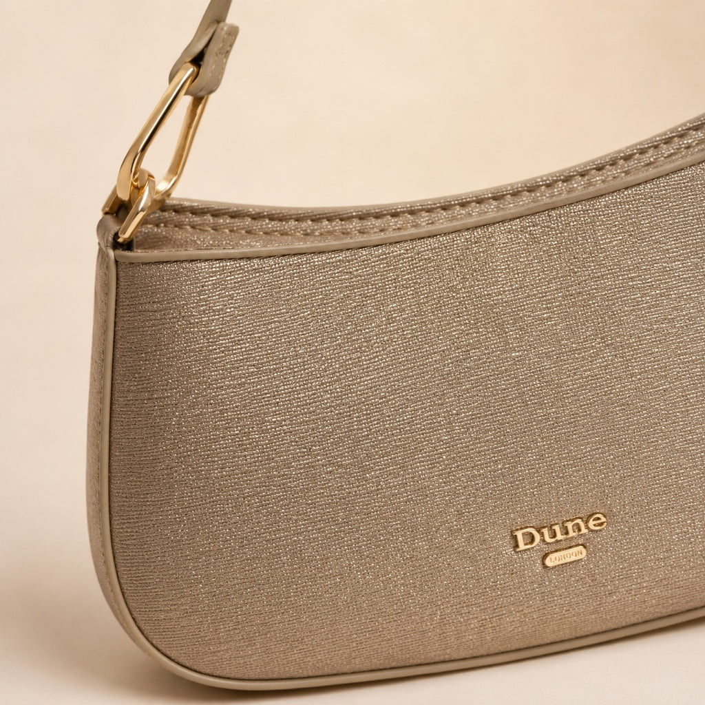 Dune London Beige Glitter Shoulder Bag, Metallic Crescent Hobo, Party Evening Bag