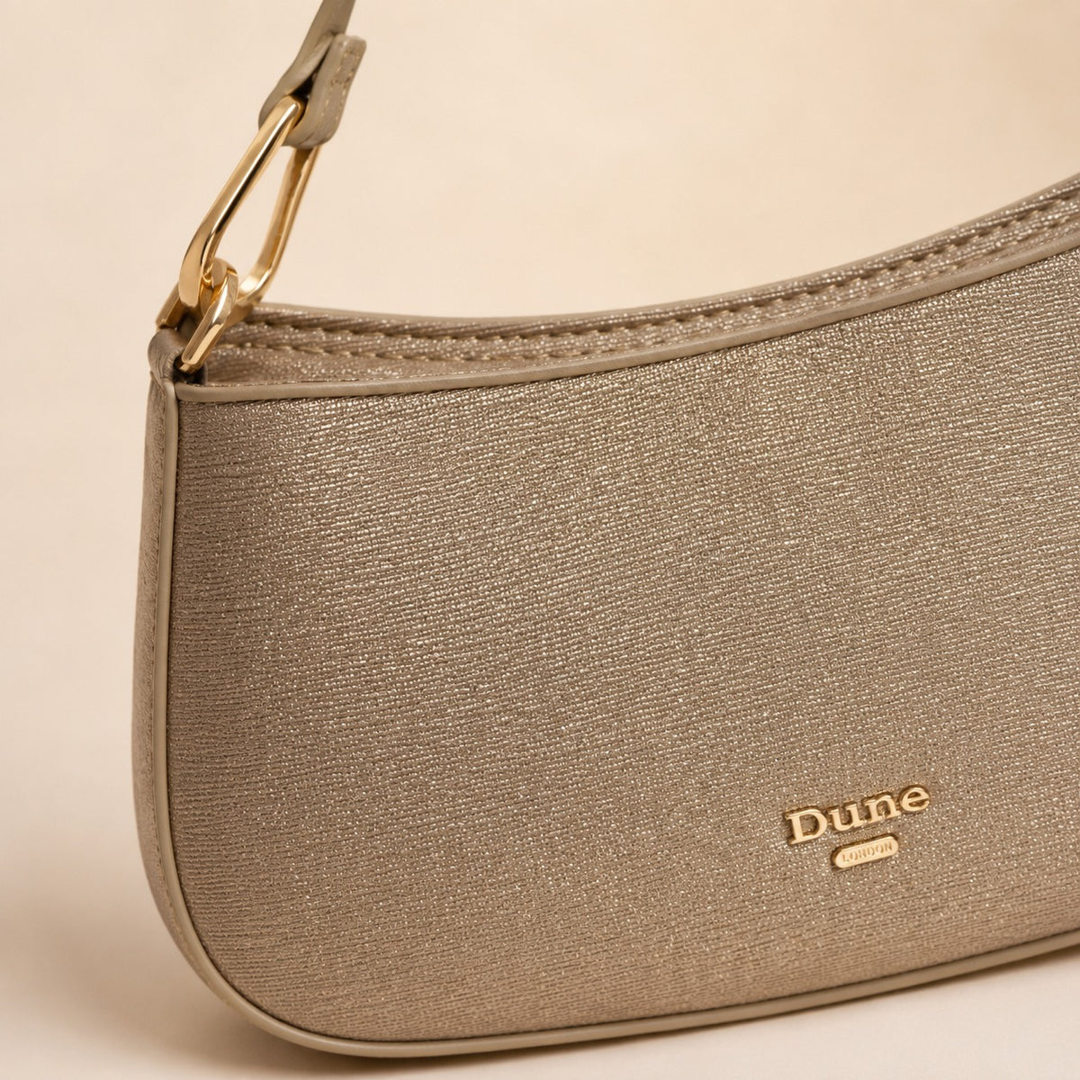 Dune London Beige Glitter Shoulder Bag, Metallic Crescent Hobo, Party Evening Bag