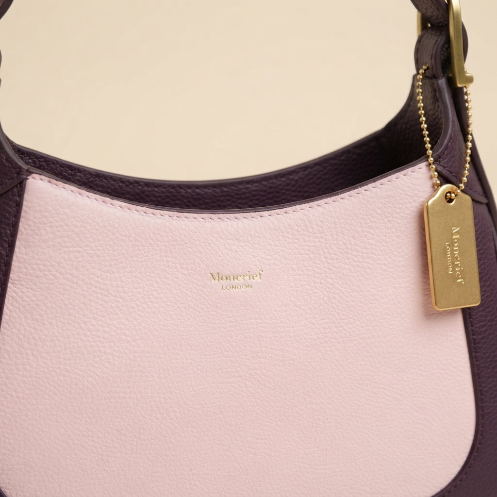 Moncrief Pink Plum Sarah Shoulder Bag, Leather Hobo, Gold Tag Charm