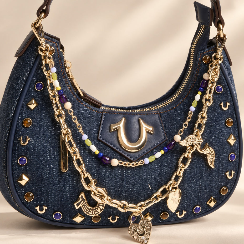 True Religion Blue Denim Shoulder Bag, Studded Hobo Purse, Gold Logo Aesthetic