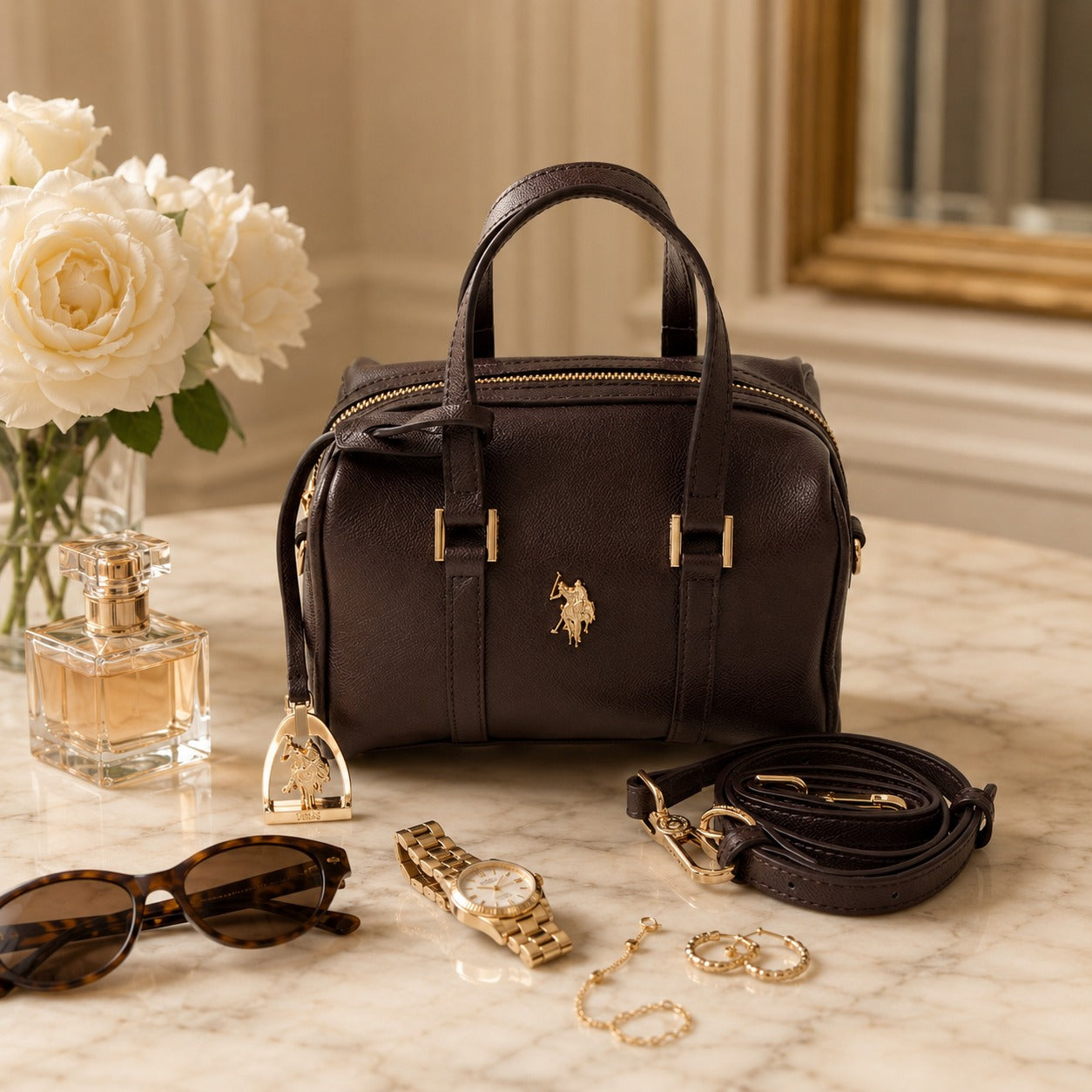US Polo Assn Brown Jones Bowling Bag, Dark Equestrian Handbag, Gold Hardware