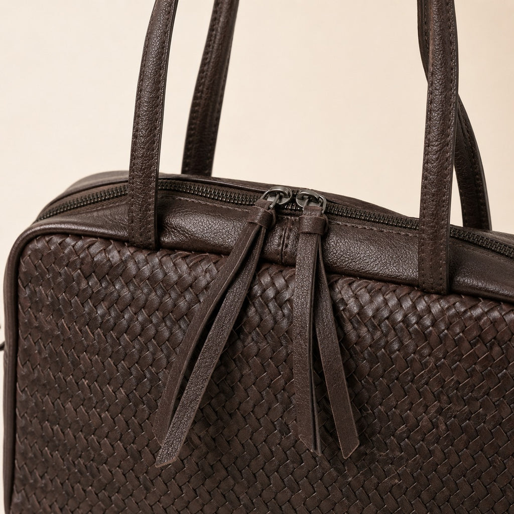 Rehard Dark Brown Woven Leather Bowling Bag, Top Zip Shoulder Handbag Gift