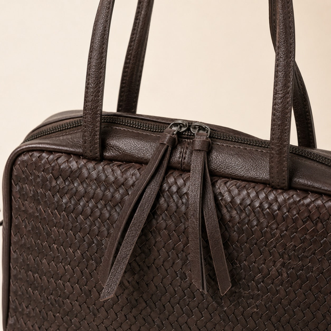 Rehard Dark Brown Woven Leather Bowling Bag, Top Zip Shoulder Handbag Gift