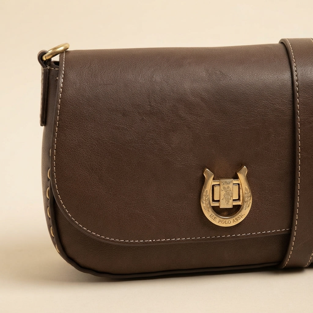 US Polo Assn Brown Crossbody Bag, Horseshoe Clasp, Preppy Equestrian Handbag