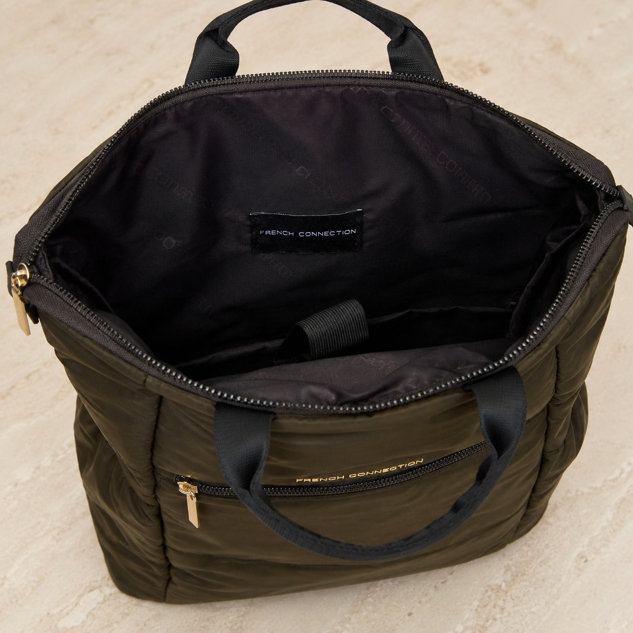 French Connection Olive Quilted Backpack, Padded Nylon Day Bag, Travel Rucksack