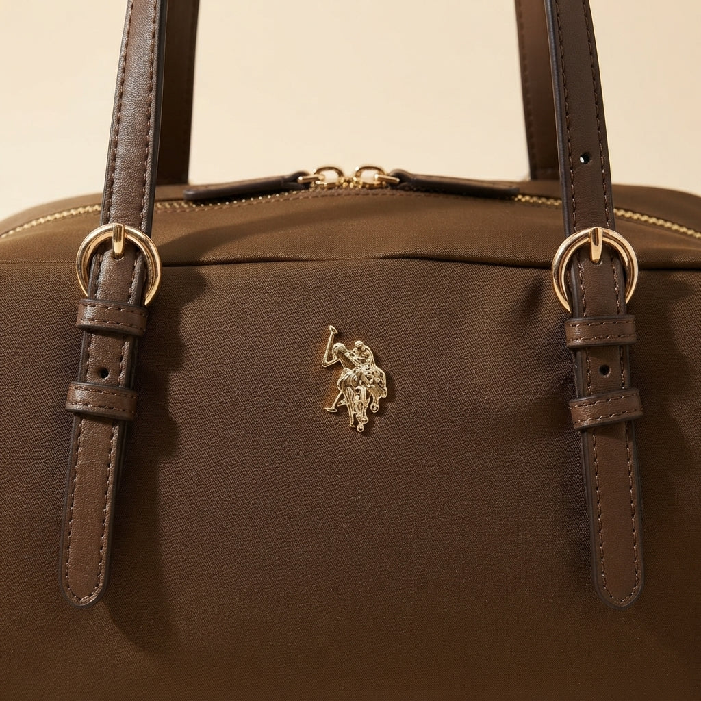 US Polo Assn Brown Satchel Bag, Nylon Shoulder Bag, Gold Hardware, Preppy