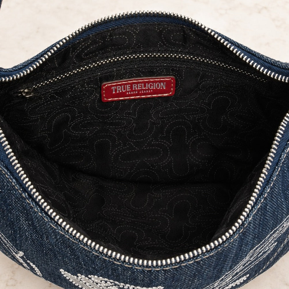 True Religion Blue Denim Hobo Bag, Red Leather Trim, Rhinestone Wing Charm
