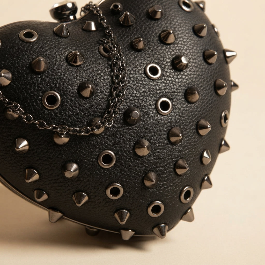 Bessie London Black Heart Grab Bag, Studded Hard-Shell Clutch, Gothic Gift