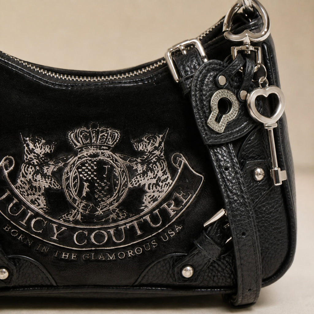 Juicy Couture Black Shoulder Bag, Crest Emblem, Silver Hardware, Aesthetic