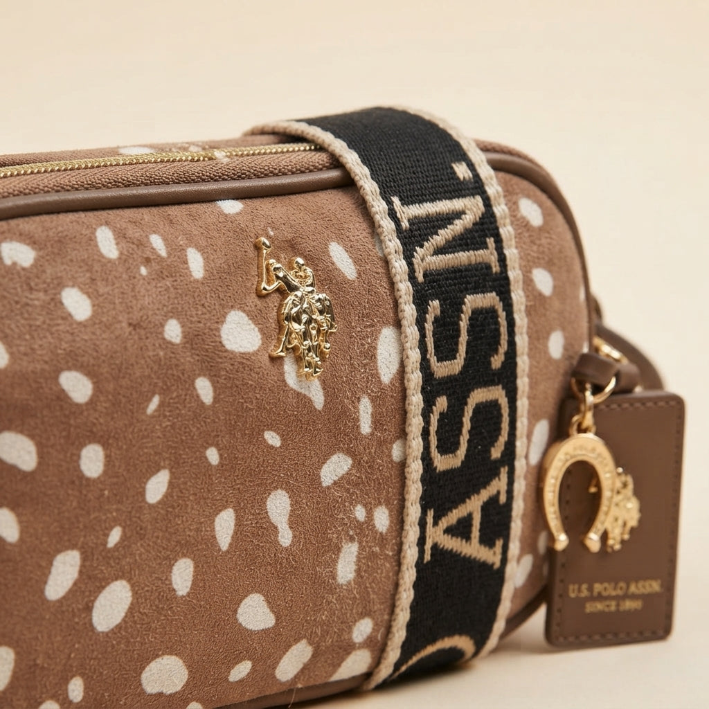 US Polo Assn Brown Polka Dot Crossbody, Suede Look, Gold Hardware, Everyday