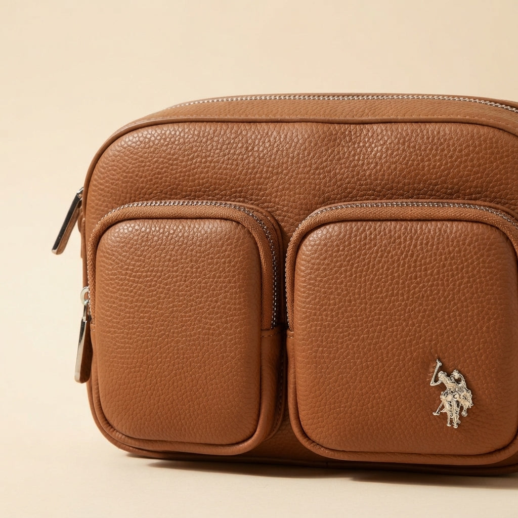US Polo Assn Brown Camera Bag, Pebbled Crossbody, Designer Everyday Handbag
